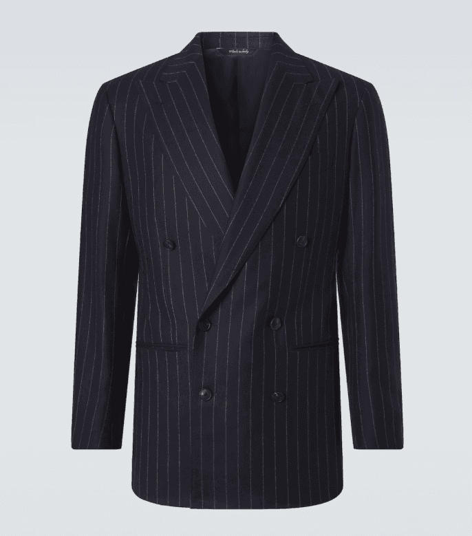Oscar Jacobson navy pinstripe double-breasted jacket, flat lay