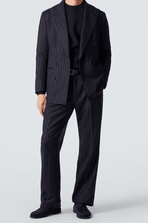 Oscar Jacobson navy pinstripe double-breasted suit, full outfit